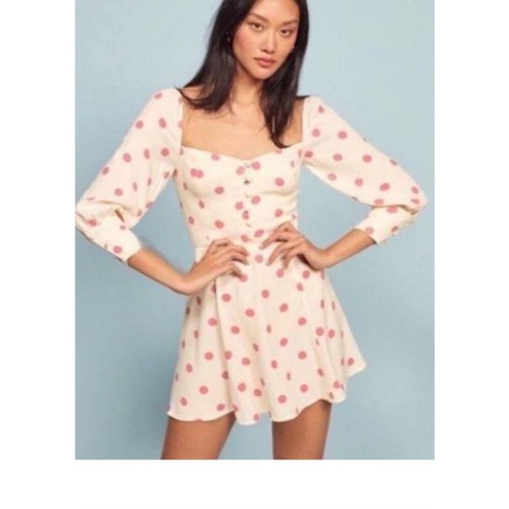 REFORMATION Lumiere White and Pink Polka Dot Dress
